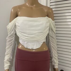 Off-Shoulder White Ruched Long-Sleeve Corset
